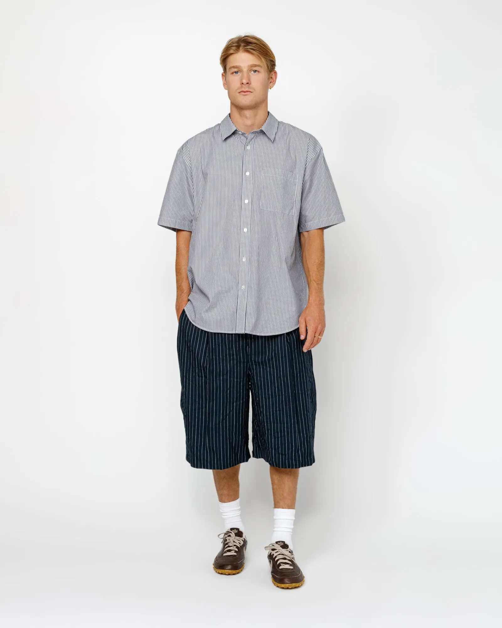 Shirts>Stüssy BOXY SS SHIRT 8 BALL STRIPE Navy