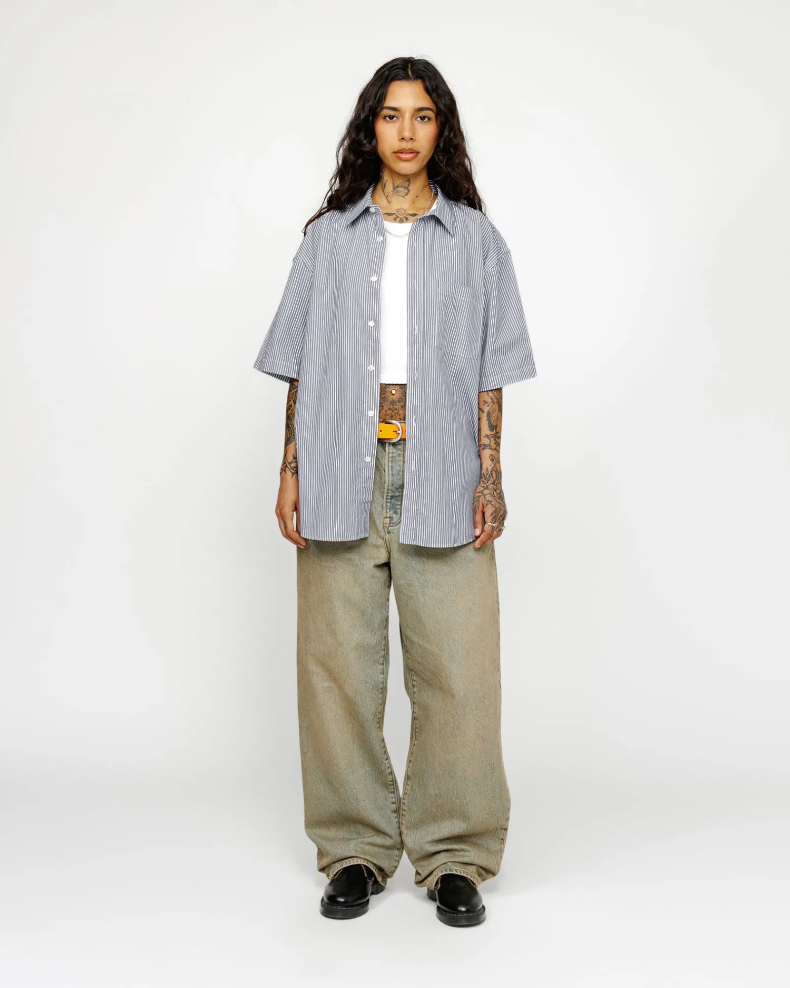 Shirts>Stüssy BOXY SS SHIRT 8 BALL STRIPE Navy