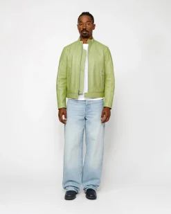 Outerwear>Stüssy CAFE RACER LEATHER JACKET Lime
