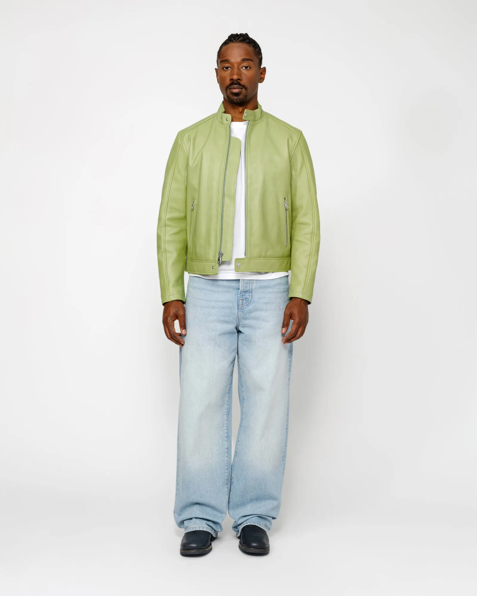 Outerwear>Stüssy CAFE RACER LEATHER JACKET Lime