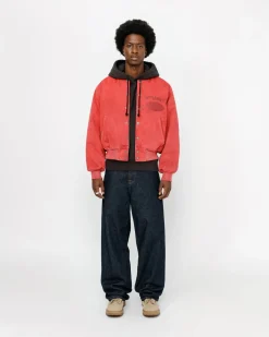 Outerwear>Stüssy GHOST LOGO CANVAS VARSITY JACKET Red