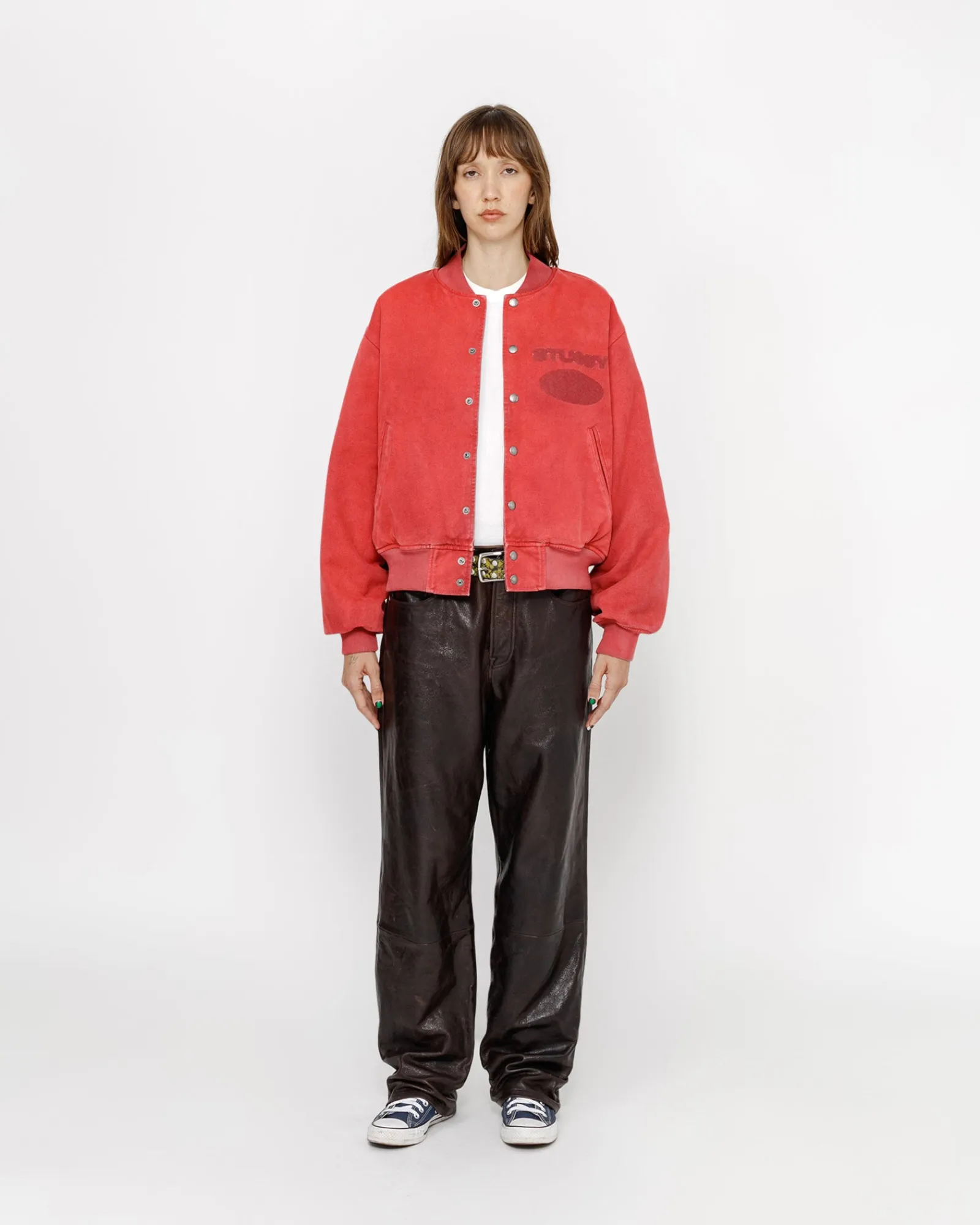 Outerwear>Stüssy GHOST LOGO CANVAS VARSITY JACKET Red