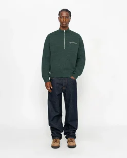 Knits>Stüssy HALF ZIP MOCK NECK SWEATER Dark Green