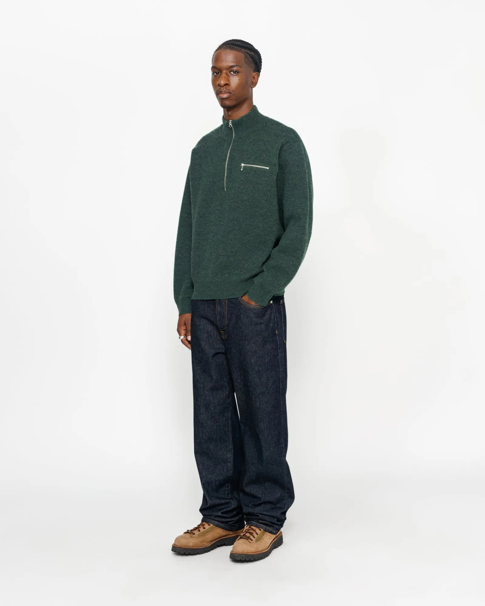 Knits>Stüssy HALF ZIP MOCK NECK SWEATER Dark Green