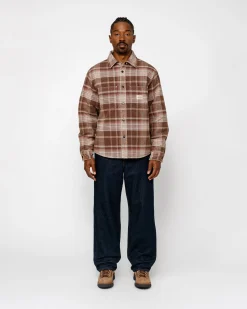 Shirts|Outerwear>Stüssy HEAVY WASHED PLAID SHIRT Brown