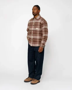 Shirts|Outerwear>Stüssy HEAVY WASHED PLAID SHIRT Brown