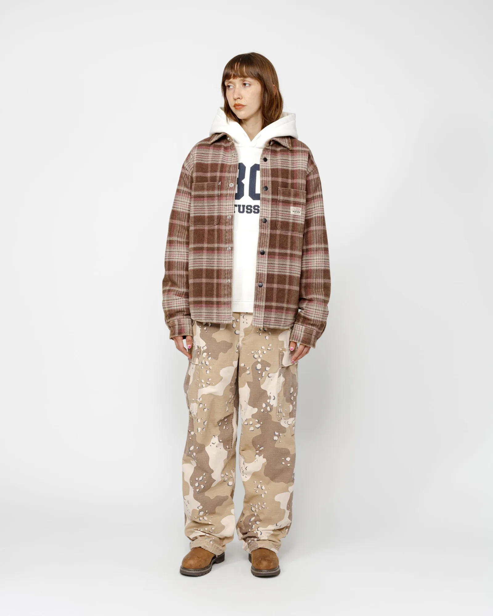 Shirts|Outerwear>Stüssy HEAVY WASHED PLAID SHIRT Brown