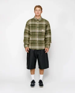 Shirts|Outerwear>Stüssy HEAVY WASHED PLAID SHIRT Green