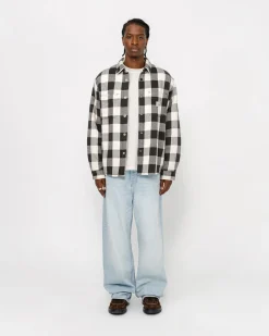 Shirts|Outerwear>Stüssy SHERPA LINED BUFFALO PLAID SHIRT Bone