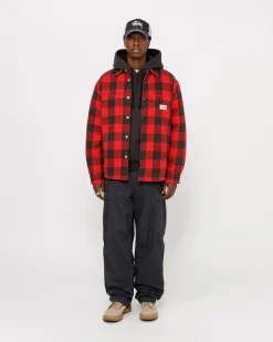 Shirts|Outerwear>Stüssy SHERPA LINED BUFFALO PLAID SHIRT Red