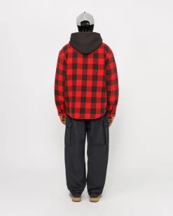 Shirts|Outerwear>Stüssy SHERPA LINED BUFFALO PLAID SHIRT Red