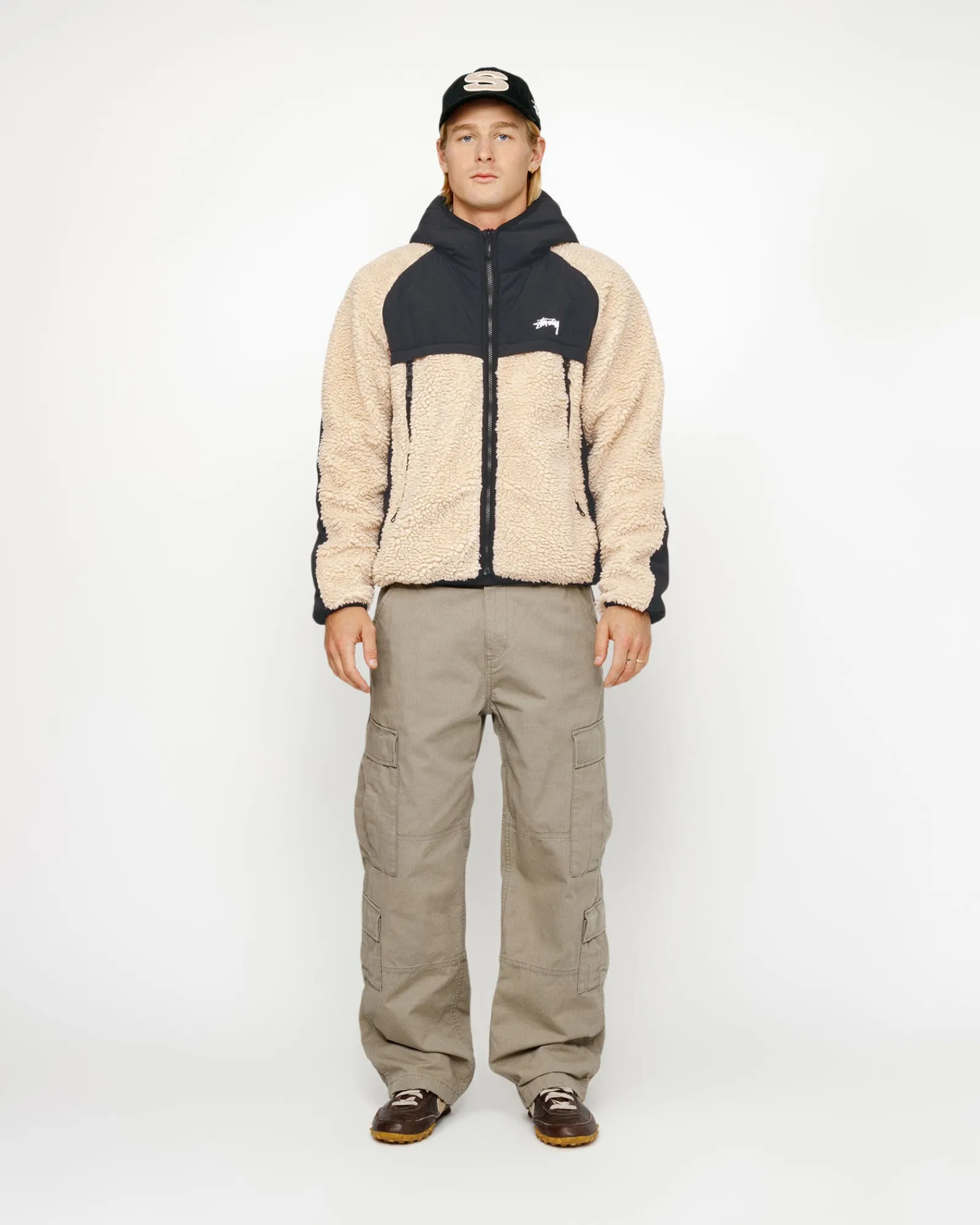 Outerwear>Stüssy SHERPA PANELED HOODED JACKET Beige