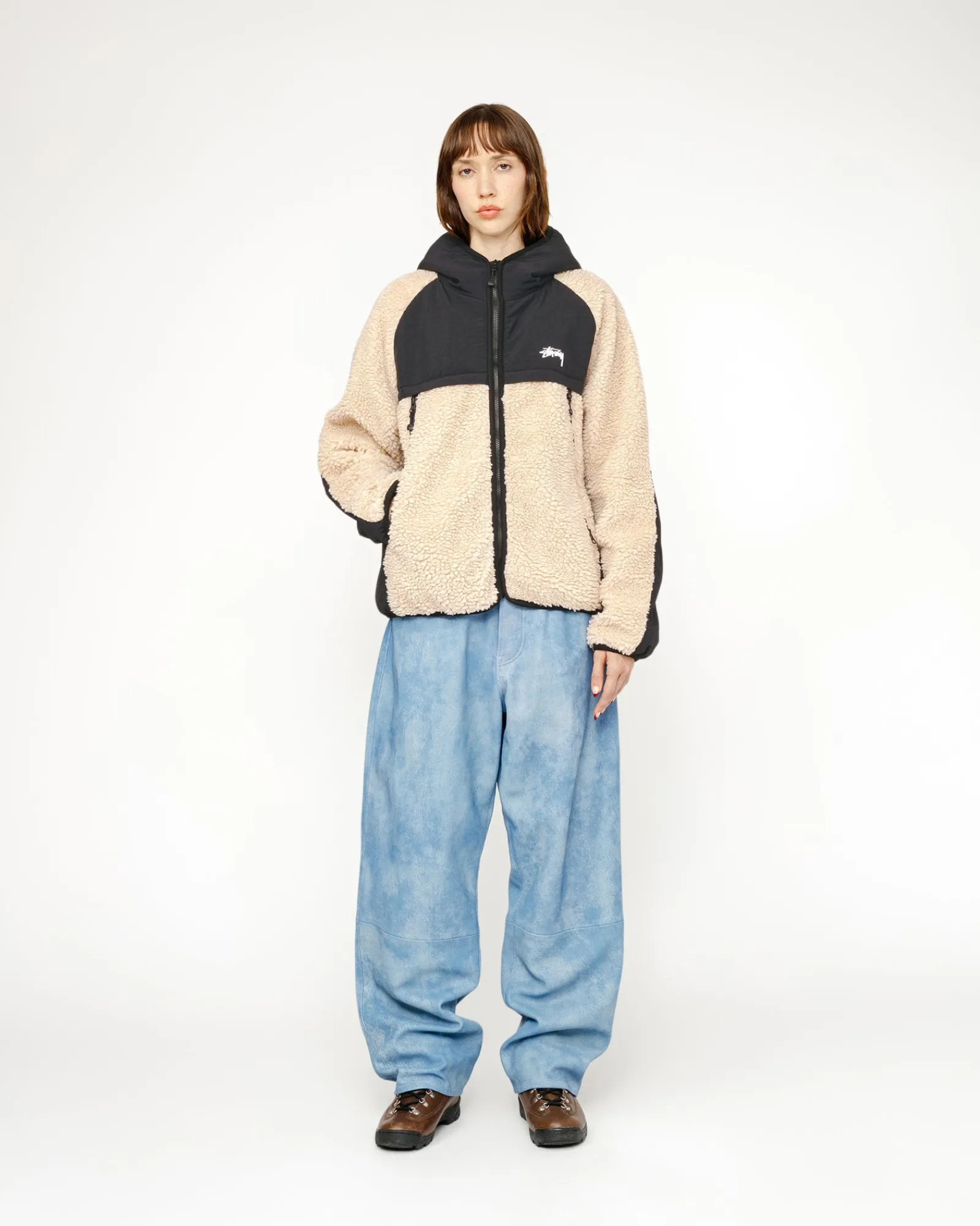Outerwear>Stüssy SHERPA PANELED HOODED JACKET Beige