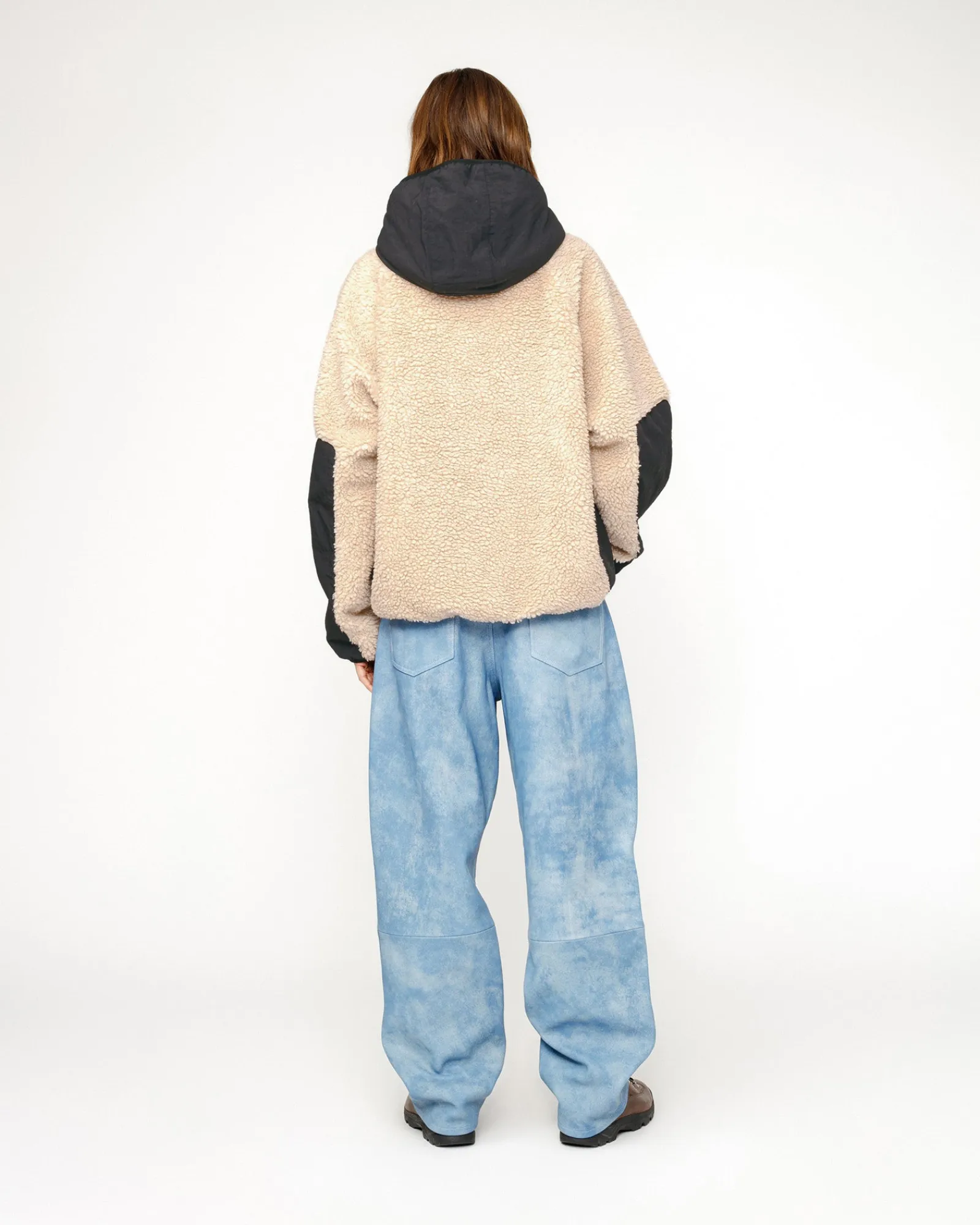 Outerwear>Stüssy SHERPA PANELED HOODED JACKET Beige
