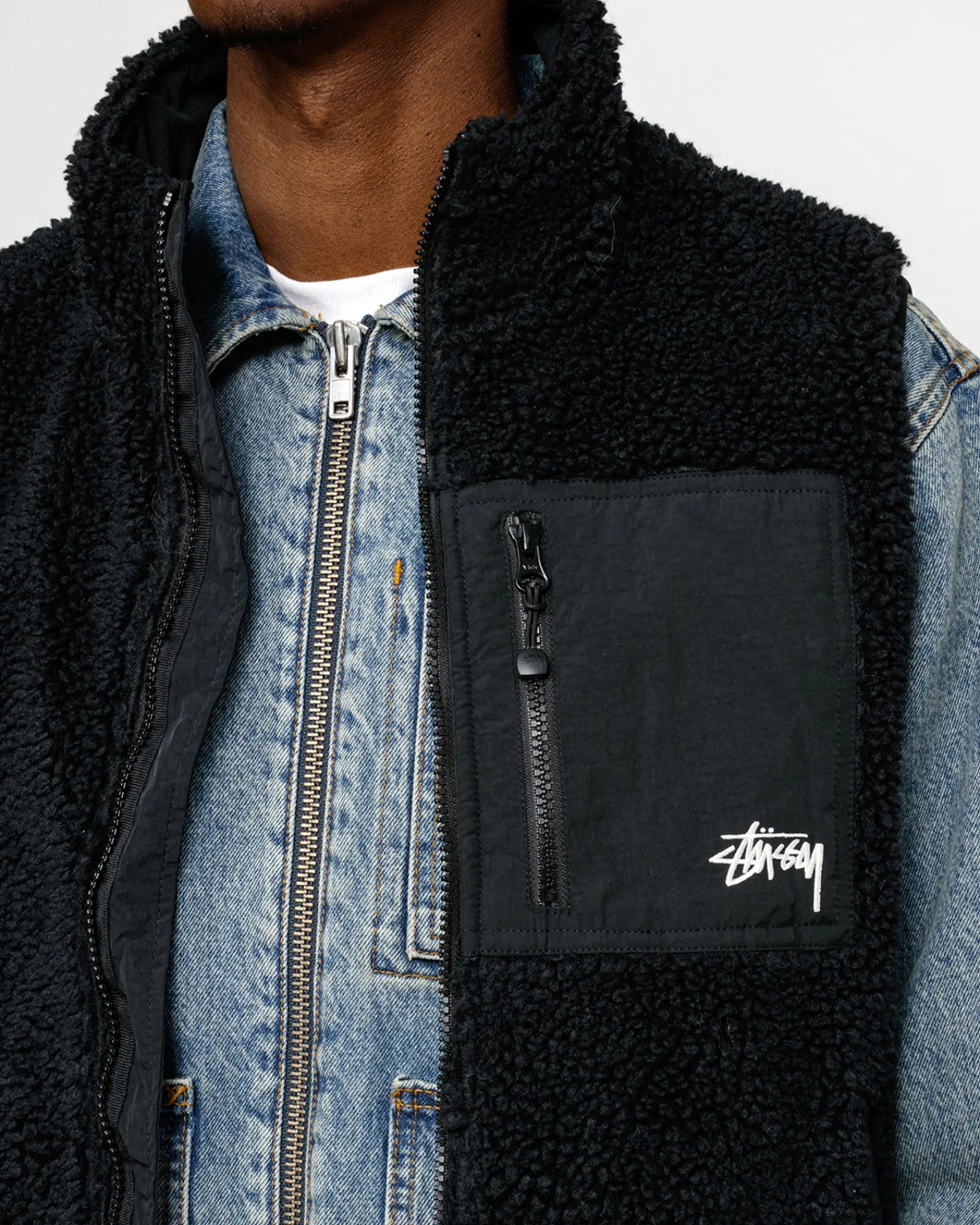 Outerwear>Stüssy SHERPA REVERSIBLE VEST Black