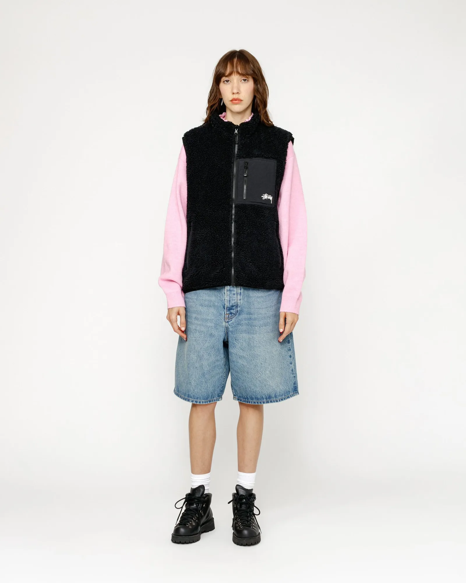 Outerwear>Stüssy SHERPA REVERSIBLE VEST Black