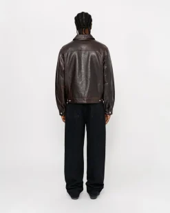Outerwear>Stüssy TRUCKER JACKET LEATHER Dark Brown