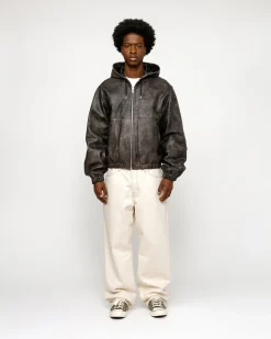 Outerwear>Stüssy WORK JACKET STONEWASH LEATHER Black Leather