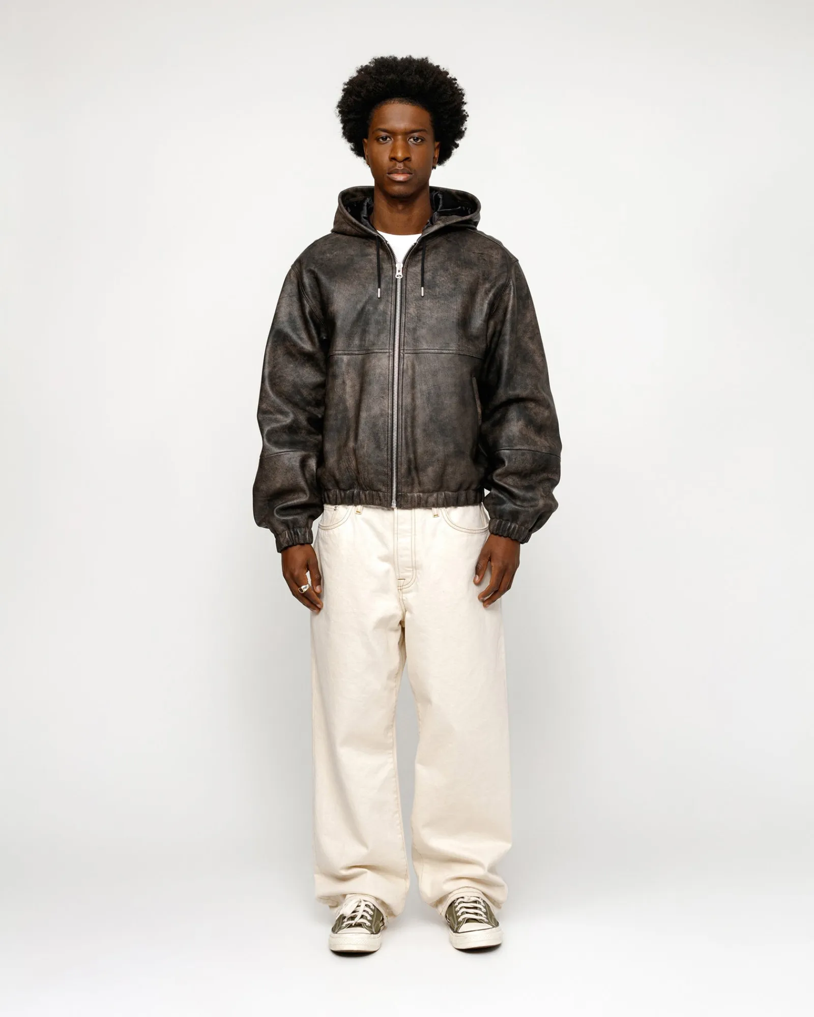 Outerwear>Stüssy WORK JACKET STONEWASH LEATHER Black Leather
