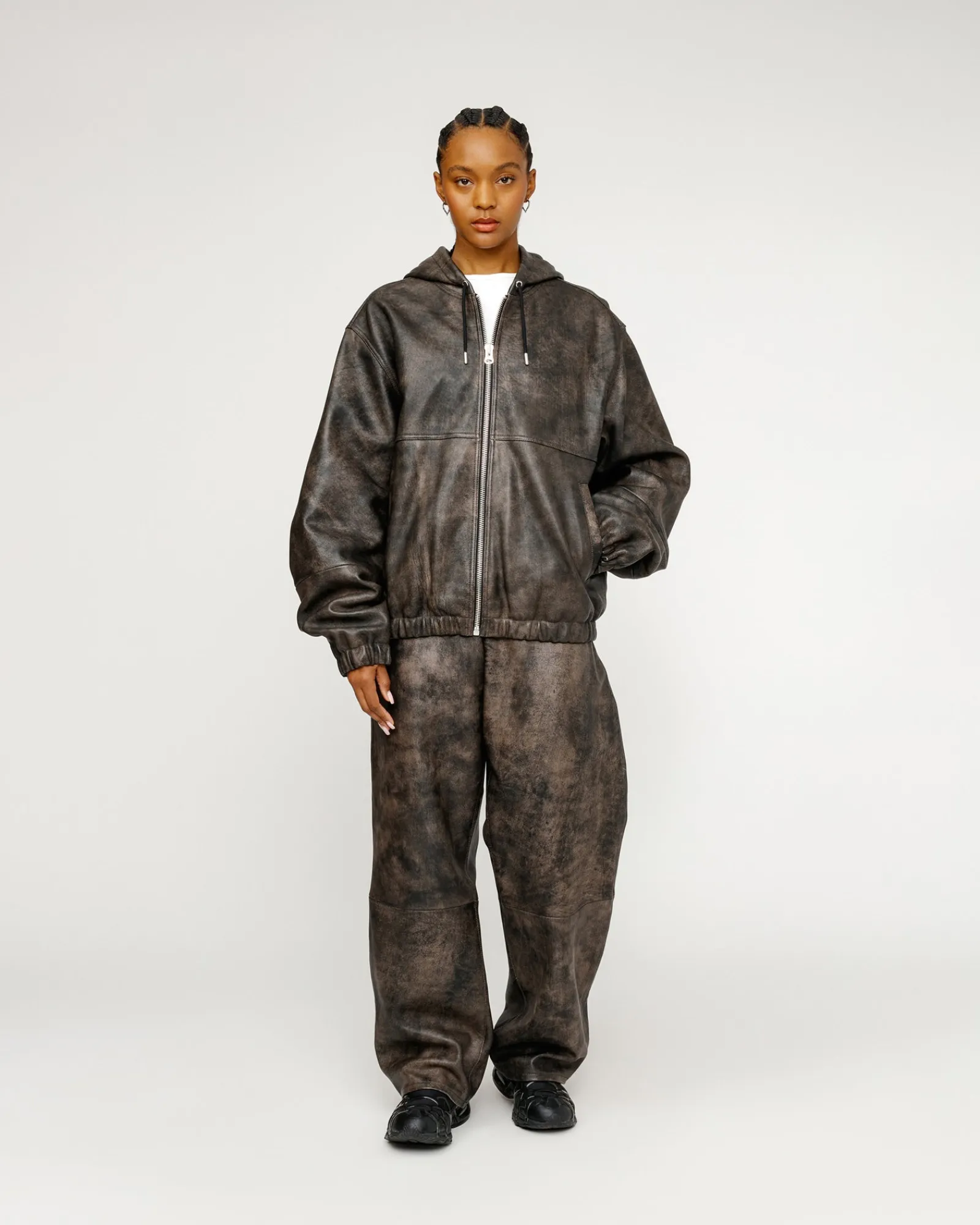 Outerwear>Stüssy WORK JACKET STONEWASH LEATHER Black Leather
