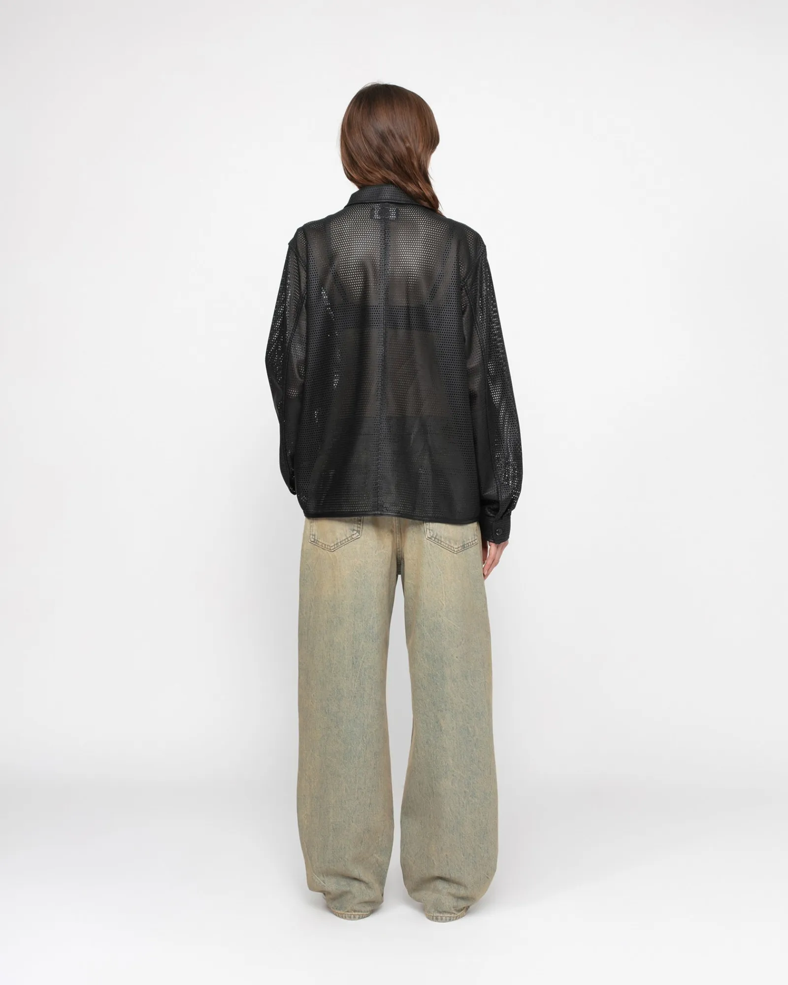 Shirts>Stüssy ZIP SHIRT PERFORATED LEATHER Black